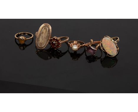 A quantity of dress rings including a garnet cluster ring, set in 9ct yellow gold, size N, a mourning ring, an opal ring etc.