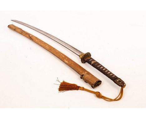 A Japanese sword mounted for WWII use with leather covered service scabbard, total length 103cm with some paperwork  CONDITIO
