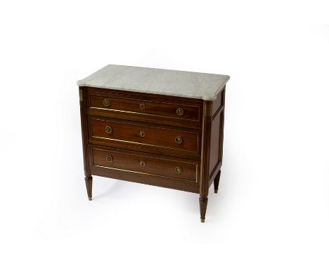 A Louis XVI style commode, the marble top over three long drawers on fluted tapering legs, 83cm wide/see illustration CONDITI