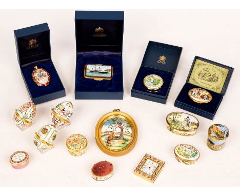 A quantity of Halcyon Days enamel boxes including an oval plaque depicting the fable of the cock and the fox, number 71/100, 
