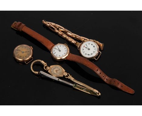 Four 9ct gold cased wristwatches, three with fifteen jewel movements CONDITION REPORT: Lady's 9ct enamel dial watch- winds an