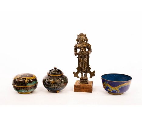 An Indian brass figure, 19cm high and three small pieces of cloisonné ware CONDITION REPORT: Dragon bowl - chips to enamel to
