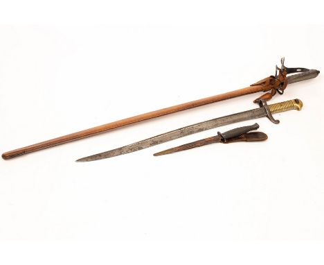 A 19th/20th Century artillery officers' sword with leather scabbard and a bayonet