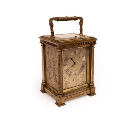 A 19th Century brass cased carriage clock by Drocourt, with repeat mechanism, the dial and sides with engraved decoration of 
