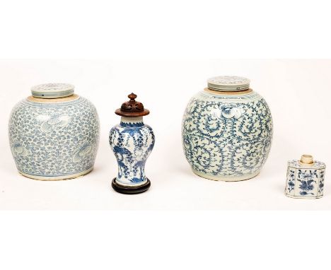 Two Chinese blue and white ginger jars and covers, a Chinese baluster vase, 17.5cm high and a Chinese blue and white tea cadd