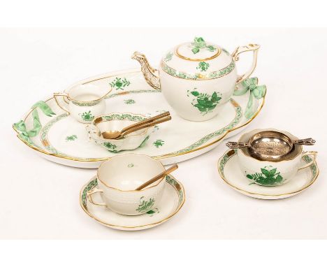 A Herend tête-à-tête tea service in green Chinese bouquet pattern, the tray 40cm wide  CONDITION REPORT: Good condition
