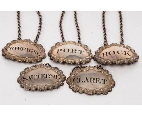 Five George III silver decanter labels, John Robins, London 1817 (4) 1818 (1), each with shell and C-scroll border, Hock, Cha