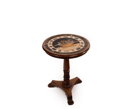 A Regency specimen marble table top on a rosewood frame, with carved and turned column and tripod support, the circular top i