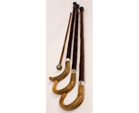 Three walking sticks with horn handles and silver collars, all approximately 87cm long and a swagger stick for Warwick School