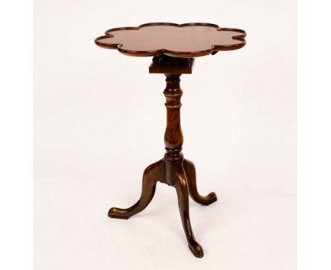 A burr walnut tripod table, the bird cage action top with scalloped edge, 46cm diameter