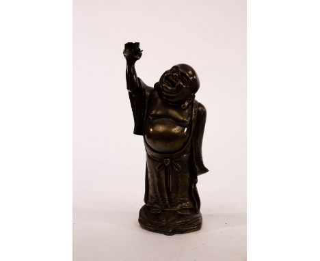 A Japanese brass lamp base modelled as Putai, his arm raised, 34cm high