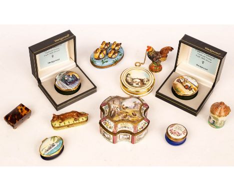 A French enamel box depicting chickens in a farmyard, marked Sceaux, a small tortoiseshell box, a Limoges box with fox to cov