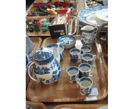 Tray of Wedgwood Willow blue and white coffee set comprising coffee cans and saucers, coffee pot, milk jug and sucrier.