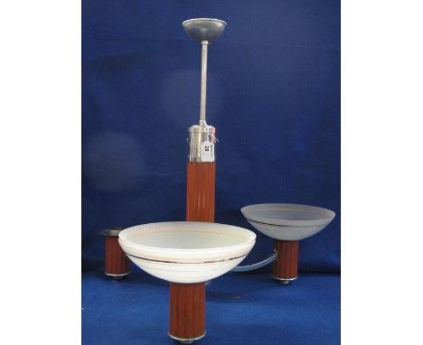Art Deco style three branch light fitting with frosted shades. CONDITION REPORT: Wear to gilding + minor chips/frits to glass
