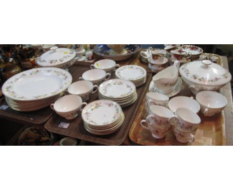Three trays of Wedgwood bone china, Mirabelle tea and dinner ware items comprising cups, saucers, two-handled bowls, lidded t