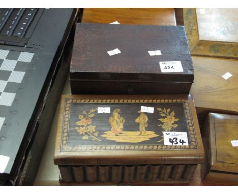 19th Century stained two section tea caddy on bun feet, together with a Sorrento ware figural and foliate inlaid jewellery bo