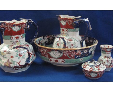 Masons ironstone jug and basin set together with soap dish and cover, toothbrush holder and additional jug.  (5)