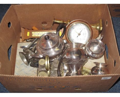 Box of assorted metal ware to include glass four section condiment set on stand, plated tea service, brass candelsticks, loos