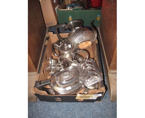 Tray of assorted metal ware to include silver plated tea service, toast rack, table candelabra etc.