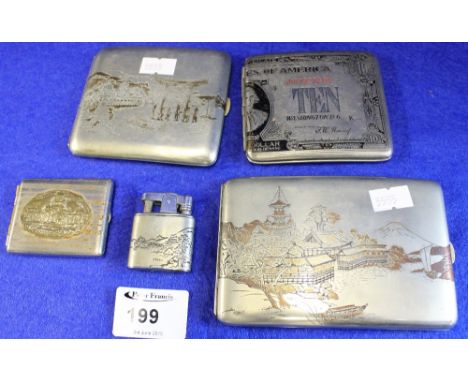 Bag of assorted white metal items to include Oriental landscape decorated cigarette cases, lighter, match holder and United S