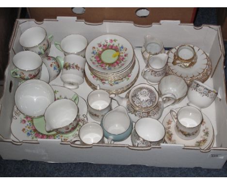 Tray of part tea ware china items to include; Sutherland bone china floral Roslyn fine bone china with gilt decoration, flora