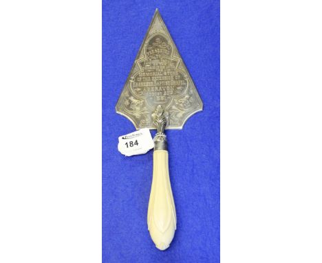 Presentation silver plated trowel to T.D. Daniel esq. on the occasion of his laying the memorial stone of the extension of Eb