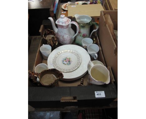 Tray of assorted china to include commemorative cups and mugs, copper lustre dresser jugs of dancing ladies, old English land