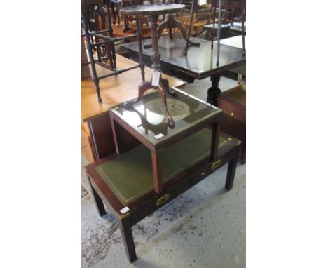 Reproduction tripod wine table together with a square coffee table together with another modern two drawer coffee table with 