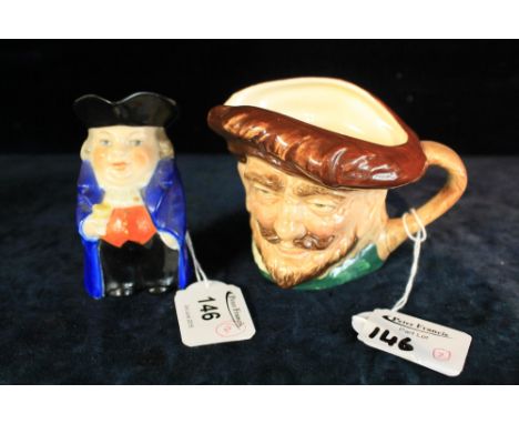 Small Royal Worcester porcelain character jug of a town crier together with Royal Doulton character jug: 'Drake'. (2)