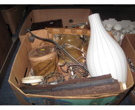 Box of assorted items to include opaline glass circular and baluster light fittings, pair of crackle glaze ceiling light fitt