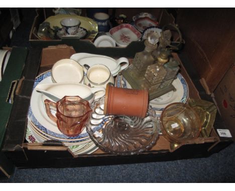 Tray of assorted china and glass to include pottery Stilton jar and cover, Booths Netherlands plates, glass cake stand, glass