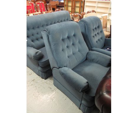 Modern Parker Knoll blue upholstered four piece suite comprising three seater sofa, two easy chairs and a pouffe. (4)