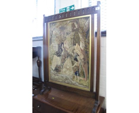Tapestry fire screen depicting figures with dog.