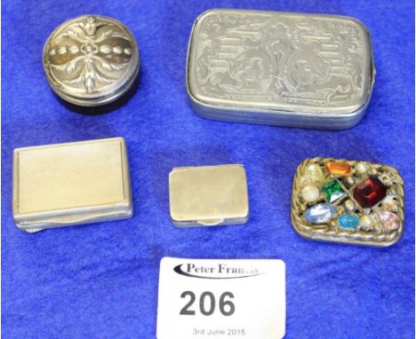 Continental small silver vinaigrette/snuff box, stamped: 900, probably Austrian.  White metal snuff box, jewel encrusted trin