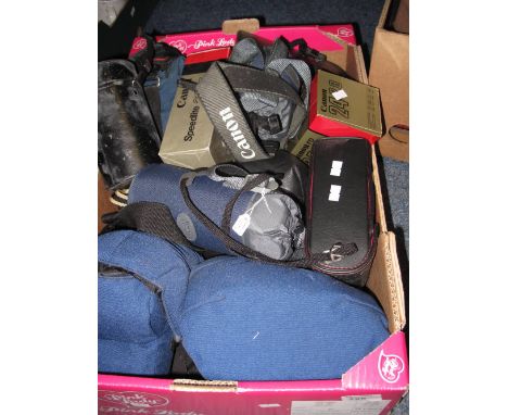Box of assorted camera items and equipment to include Canon speed light 299T boxed, Cannon FD Thompson Sigma cased camera, Pe