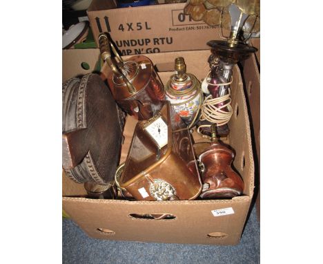 Box of assorted item to include figural and other table lamps, copper and brass tea pot, vintage bellows, Quartz carriage clo