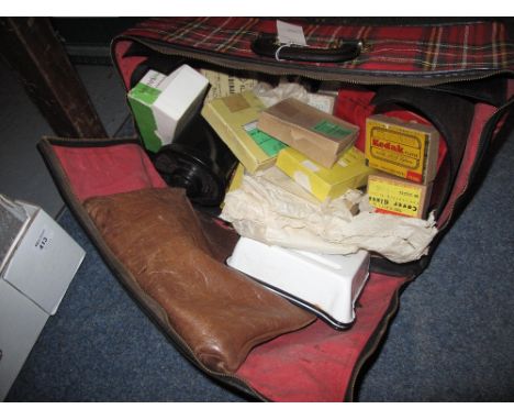 Tartan canvas carrying case containing Cine exposure meter, Illford photographic paper and Illford ordinary plate, enamel dis