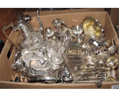 Large box of assorted metal ware and glass to include Elkington & Co. silver plated tea service, Elkington & Co. bottle coast