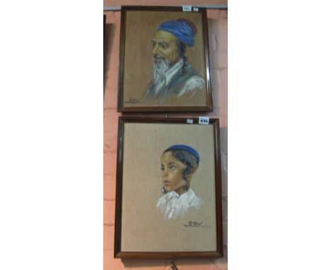 Middle Eastern School, 'Portrait of an Elderly Arab and a Young Boy', oils on canvas.  Framed. (2)