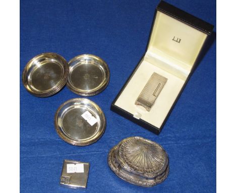 Bag to include plated set of pin dishes, three assorted lighters, Dunhill and others, together with plated shell design trink