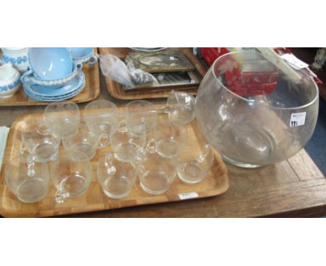 Etched glass berry and foliate punch bowl set comprising bowl, ladle and 12 cups.