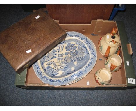 Blue and white Willow oval meat dish, another floral oval meat dish, hunting scene teapot with matching milk jug and sucrier,