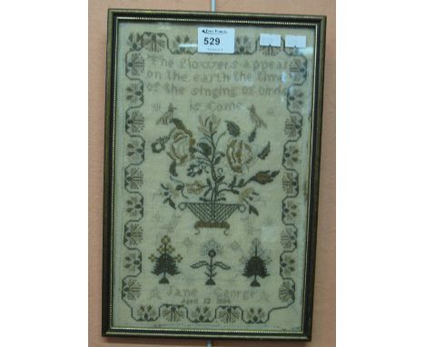 Small framed tapestry sampler by Jane George, 1884.