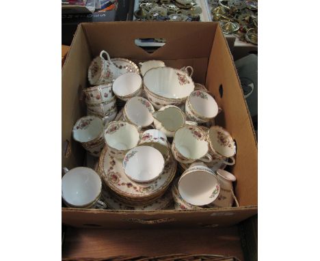 Box of assorted china part tea ware items to include Foley bone china ming rose comprising cups, saucers, plates etc., togeth