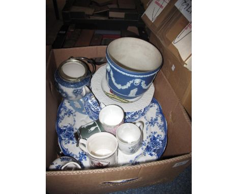 Box of assorted china to include, Wedgwood Jasper ware blue and white cherub decorated dish or plaque, Wedgwood blue and whit