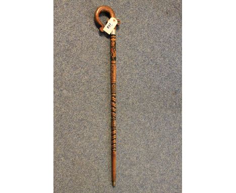 20th Century crook type barley twist walking stick with details LB September 1841, two handle, plated collar.
