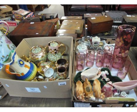 Two boxes of assorted china and glassware to include pink gilt foliate lemonade set, souvenir cow creamer, Sadler England jar