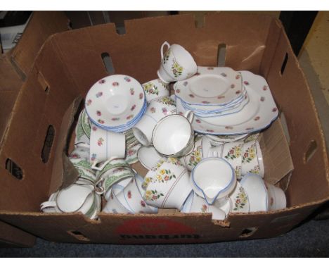 Box of assorted china to include Colclough Rose design part tea ware comprising cups, saucers, plates etc,, together with oth
