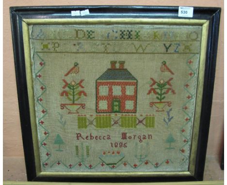 19th Century framed tapestry sampler by Rebecca Morgan, 1885.