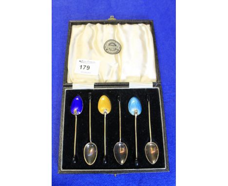 Cased set of silver and enamel coffee spoons, Birmingham hallmarked.